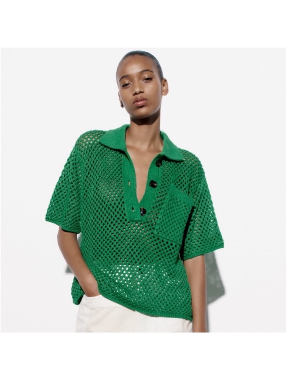 Zara Green Open-Knit Polo Sweater - Picture 1 of 1